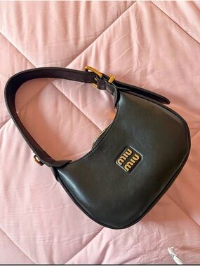 Miu Miu Black Leather Crescent Shoulder Bag with Gold Hardware